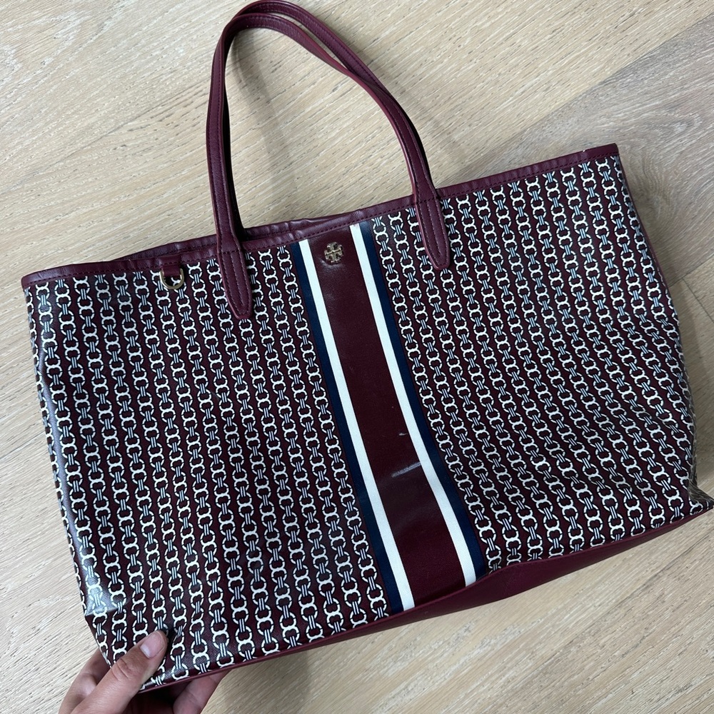 Tory Burch Burgundy and White Geometric Tote